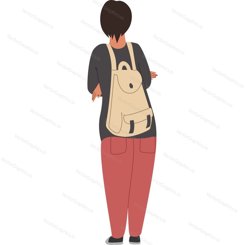 Teenage student character with backpack back view vector icon isolated on white background
