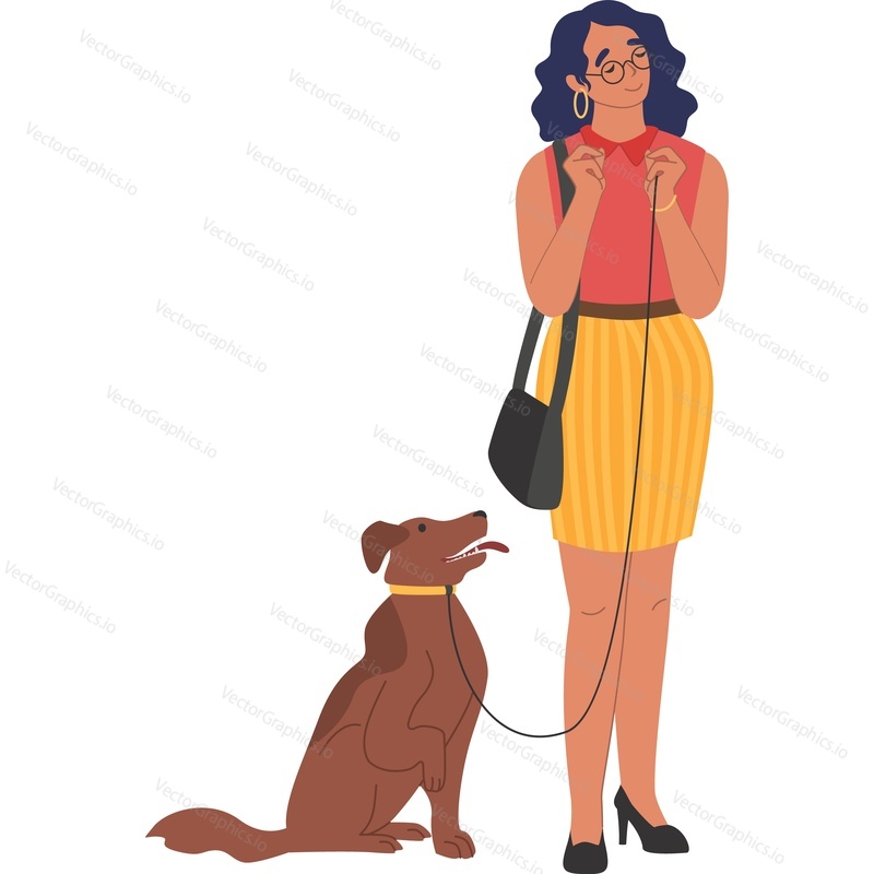 Женщина, мечтающая во время прогулки с собакой, векторный значок, изолированный на белом фоне