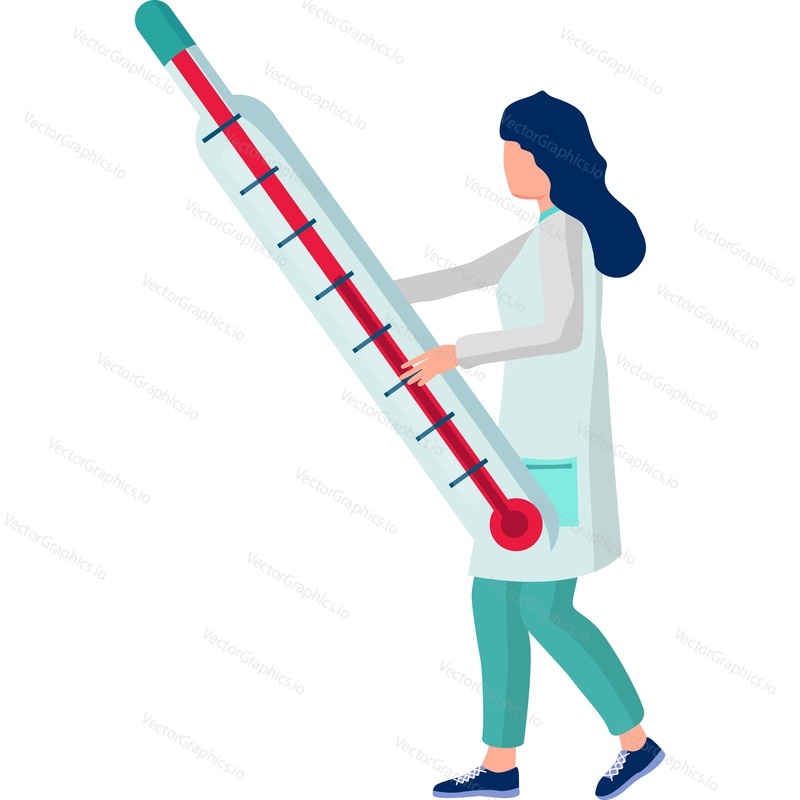Женщина-врач с векторным значком термометра, выделенным на белом фоне. Концепция вирусной пандемии.
