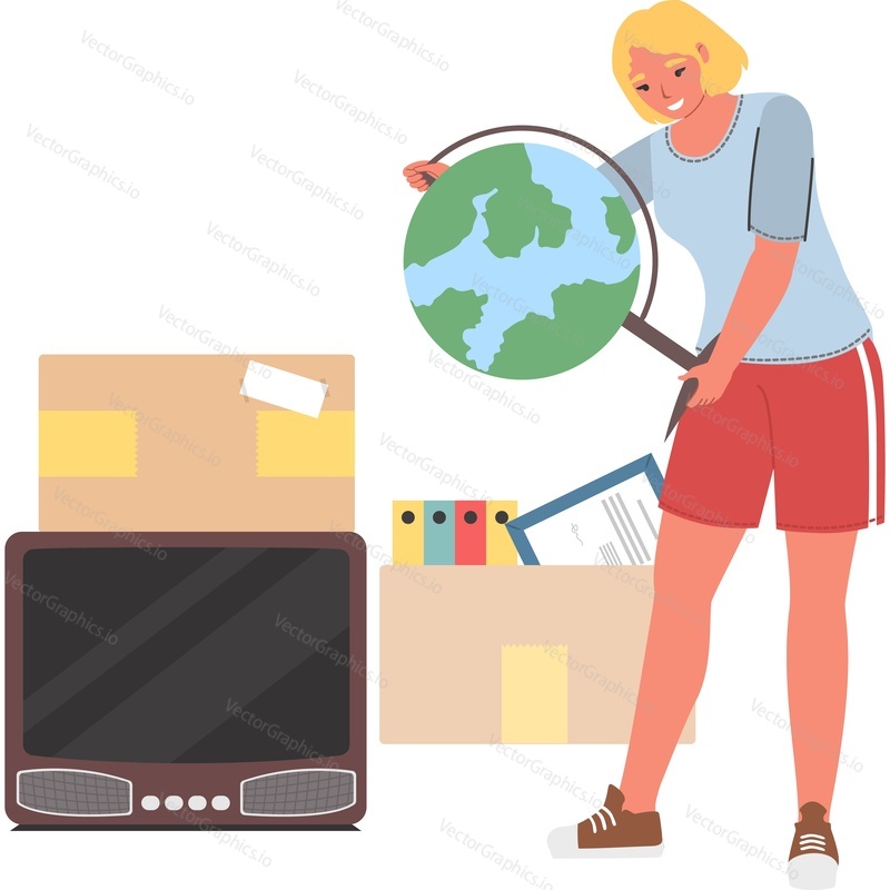 Женщина, делающая покупки на гаражной распродаже, векторная иконка, изолированная на белом фоне