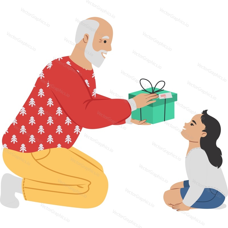 Granddad giving gift to granddaughter vector icon isolated on white background