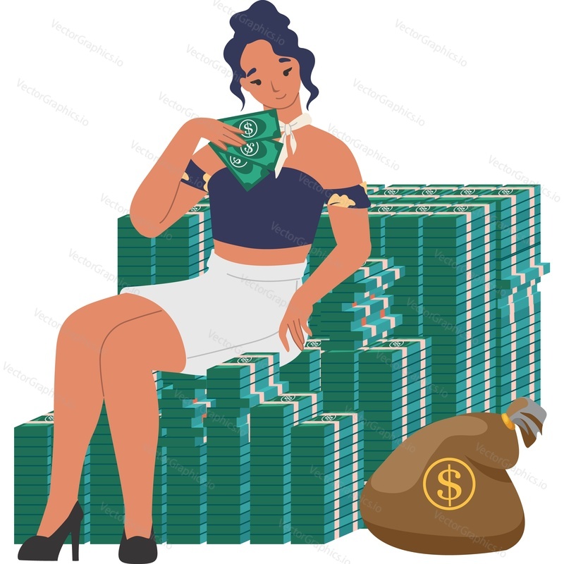 Fortune woman sitting on money stack vector icon isolated on white background