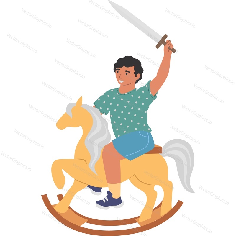 Boy child playing with sward toy riding rocking horse vector icon isolated on white background