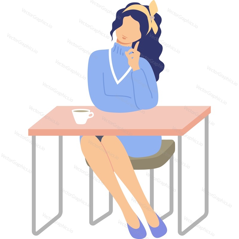 Персонаж молодой женщины, пьющий кофе за столиком кафе, векторный значок, изолированный на белом фоне.