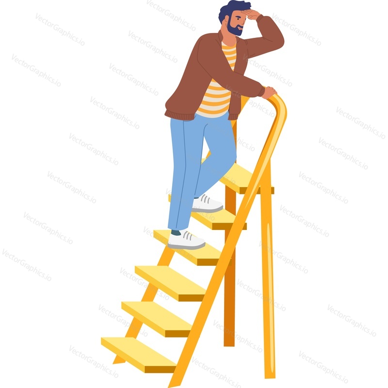 Человек на лестнице, смотрящий в будущее векторная иконка, изолированная на белом фоне