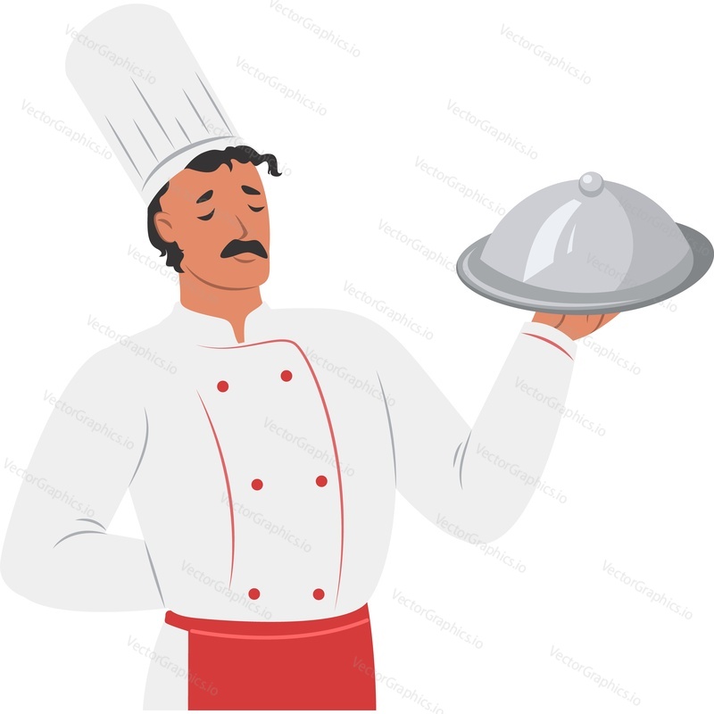 Master chef presenting dish on tray under lid vector icon isolated on white background