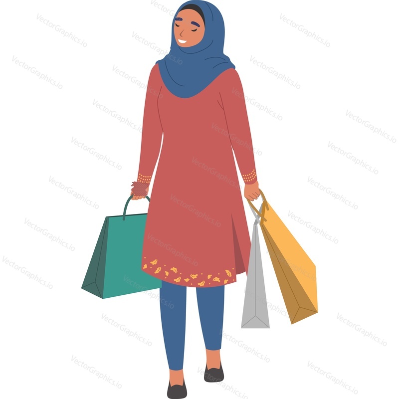 Мусульманская женщина, несущая сумки с покупками, векторный значок, изолированный на белом фоне.