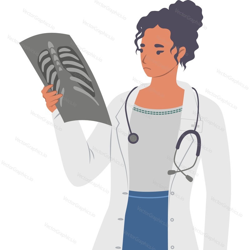Женщина-врач смотрит на векторный значок рентгеновского снимка пациента, изолированный на белом фоне