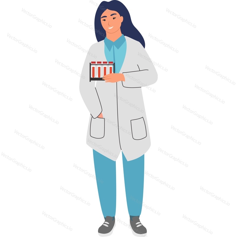Nurse doctor laboratory worker holding test tubes with blood samples vector icon isolated on white background.