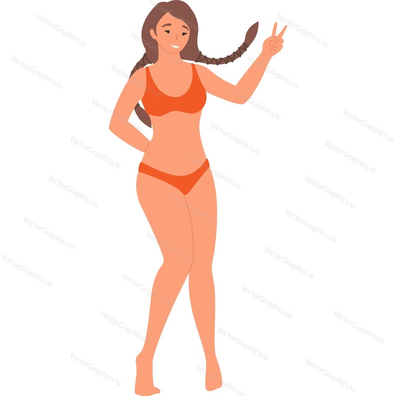 Young woman posing in swimwear vector icon isolated on white background.