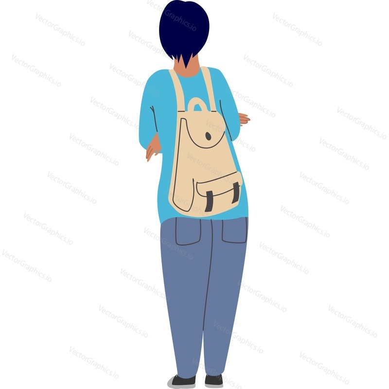 Женщина-студентка с рюкзаком, вид сзади, векторная иконка, изолированная на белом фоне. Концепция вирусной пандемии.