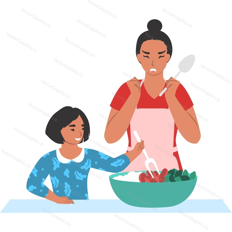 Naughty daughter interfering with mom cooking vector icon isolated on white background