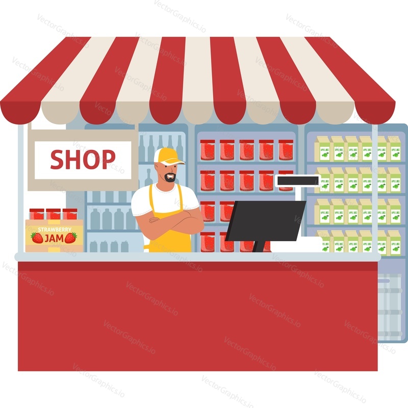 Strawberry jam shop with vendor at counter desk vector icon isolated on white background