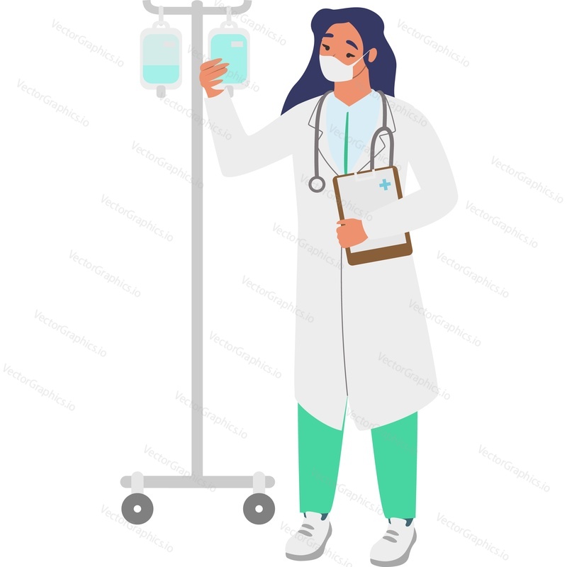 Woman doctor with dropper infusion stand vector icon isolated on white background