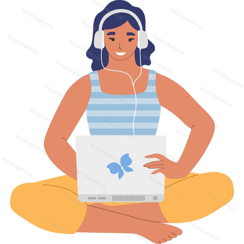 Женщина слушает радио-подкаст с использованием векторной иконки ноутбука на изолированном фоне.