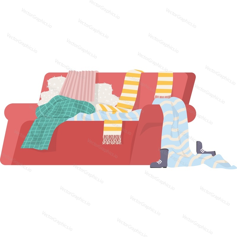 Разбросанная одежда на диване векторная иконка, изолированная на белом фоне