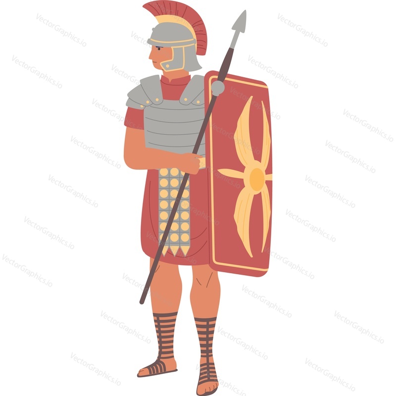 Древнеримский воин-охранник в униформе с векторным значком оружия на изолированном фоне.