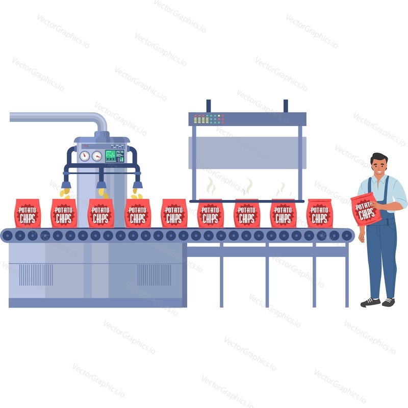 Potato chips packing line at factory vector icon isolated on white background