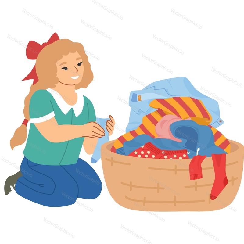 Little girl folding clean clothes vector icon isolated on white background