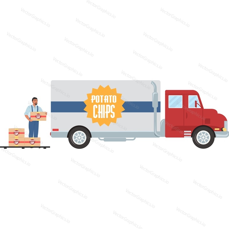 Загрузка закусок с картофельными чипсами в грузовик доставки для транспортировки векторной иконки, изолированной на белом фоне