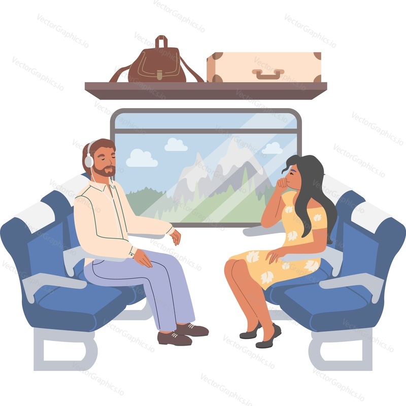 Passengers of train. Woman and man on seat vector icon isolated background.