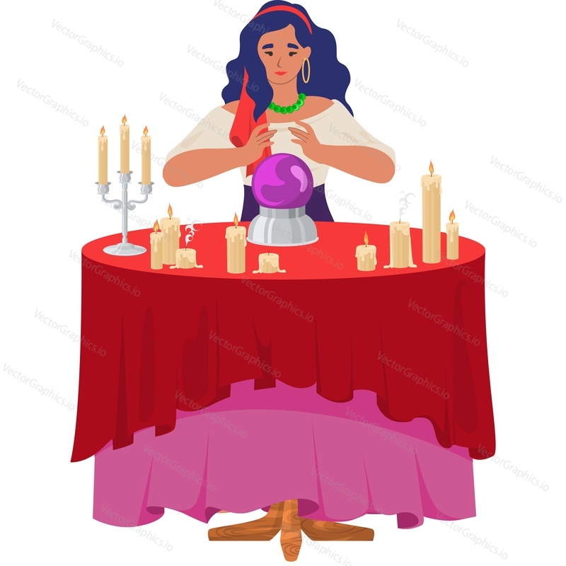 Fortune teller doing mystic ritual with magic crystal ball vector icon isolated on white background