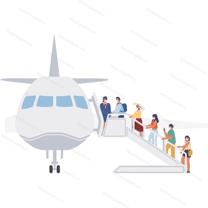 Пассажиры в медицинских масках входят на борт самолета с векторной иконкой на изолированном фоне. Концепция правил боя.