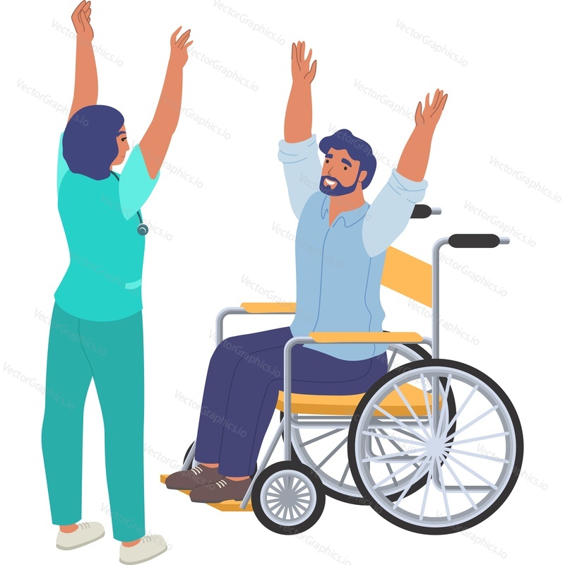 Мужчина-инвалид в инвалидной коляске реабилитационный векторный значок, изолированный на белом фоне