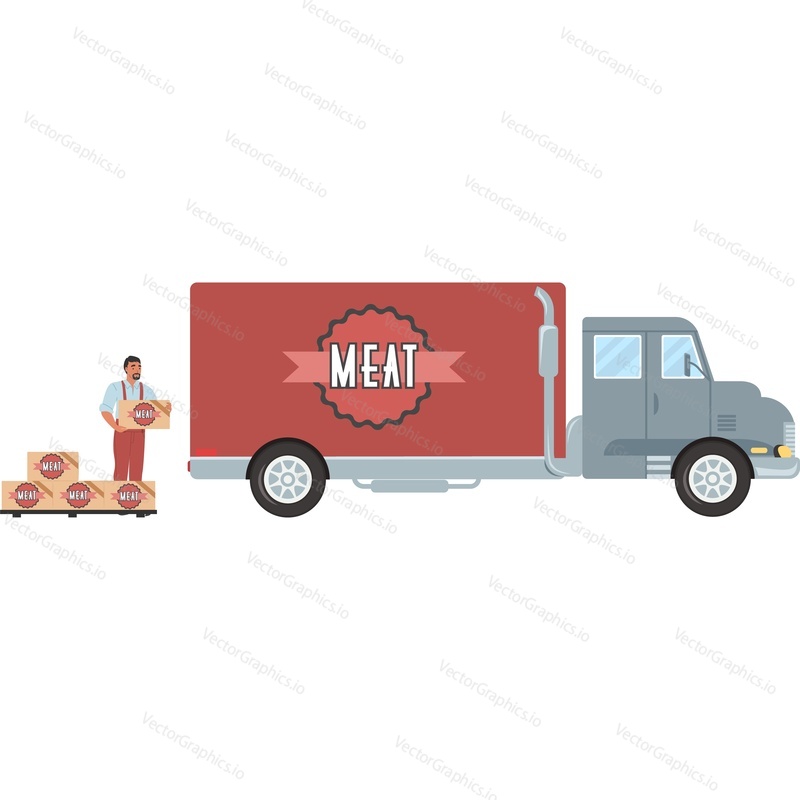 Загрузка мясного продукта в грузовик доставки для транспортировки векторной иконки, изолированной на белом фоне