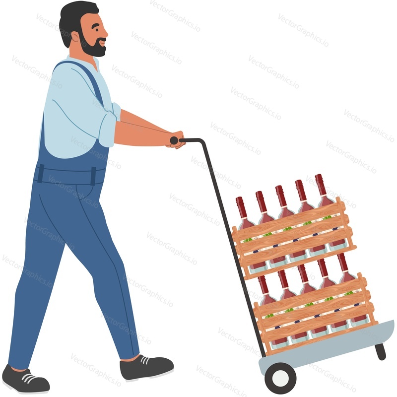 Winery worker pushing cart with bottles vector icon isolated on white background
