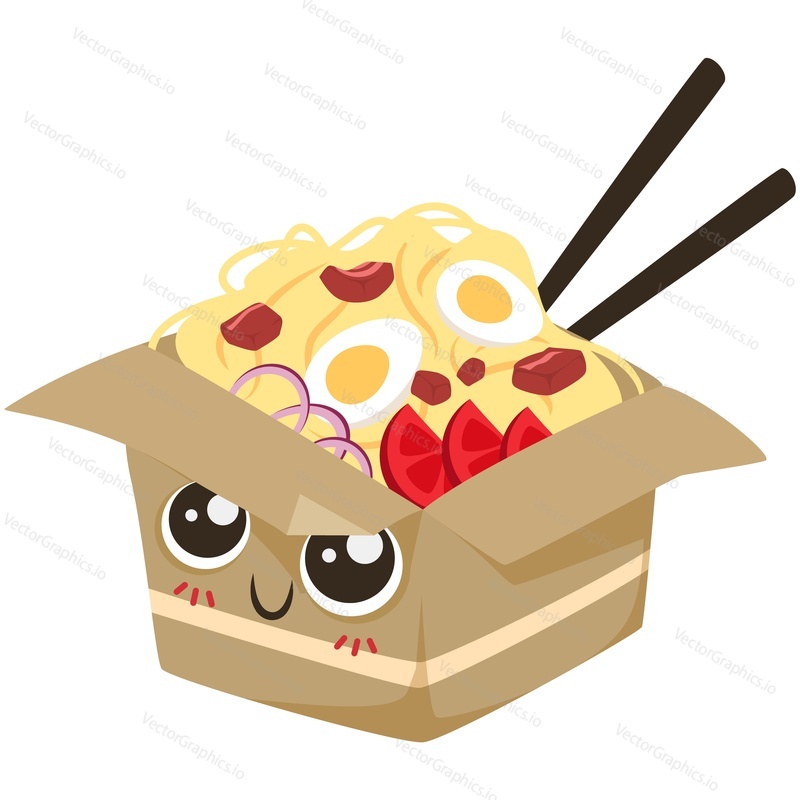 Японская лапша рамэн векторный мультяшный персонаж. Милая еда, веселая китайская паста в коробке, изолированная на белом фоне. Иллюстрация значка Каваи