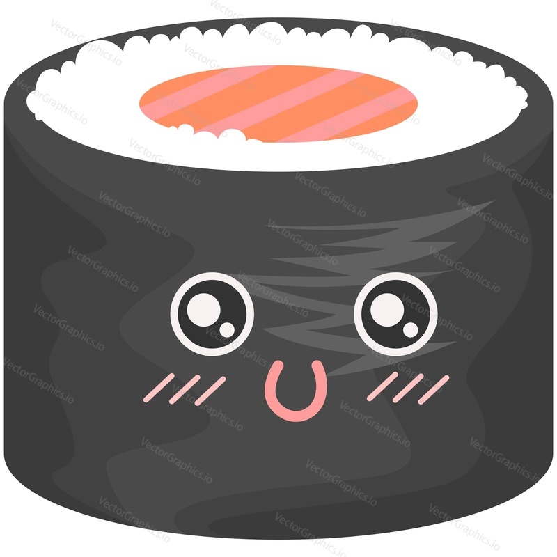 Векторный персонаж суши из японского милого кулинарного мультфильма. Забавные сашими из лосося с рисом, выделенные на белом фоне. Иллюстрация значка меню восточных морепродуктов в кавайном стиле