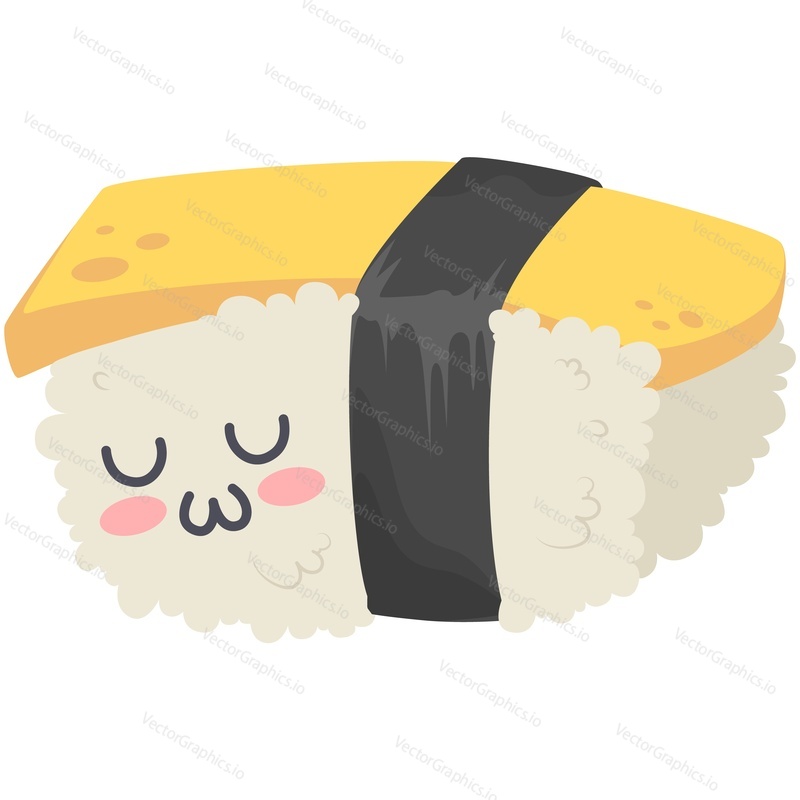 Тамаго суши - векторный персонаж японского мультфильма. Милая карикатура на еду, выделенная на белом фоне. Кавайный ролл со значком улыбки