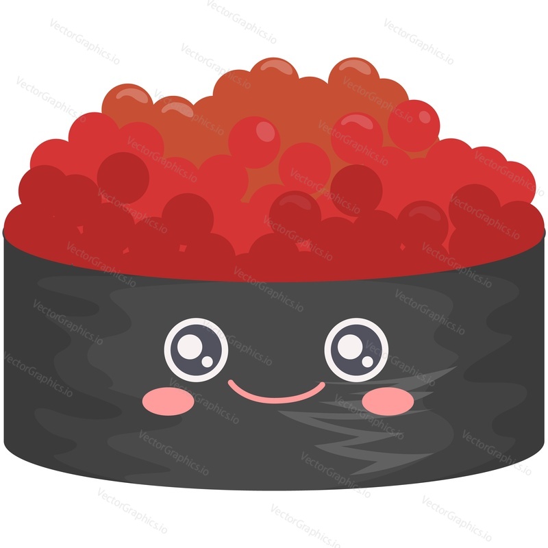 Taste sushi roll icon vector. Japanese seafood character. Cute funny nori with red caviar isolated on white background
