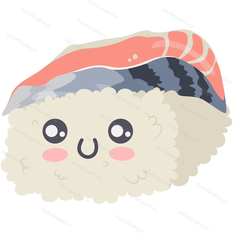 Векторная карикатура на еду суши нигири. Японский милый персонаж кавайного сашими с рисом и лососем, выделенный на белом фоне