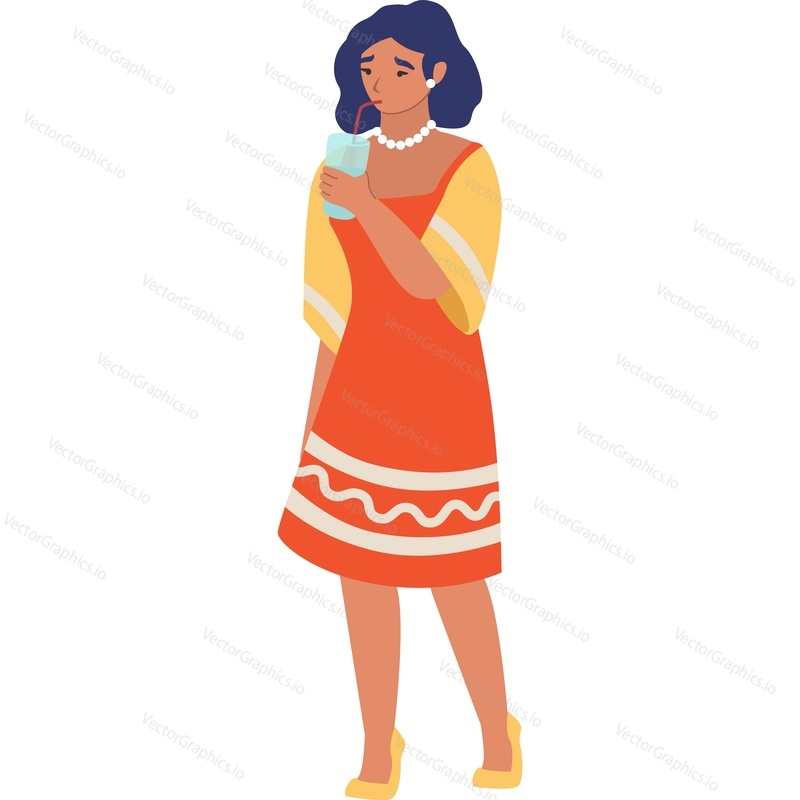 Young woman drinking cocktail or water vector icon isolated background.