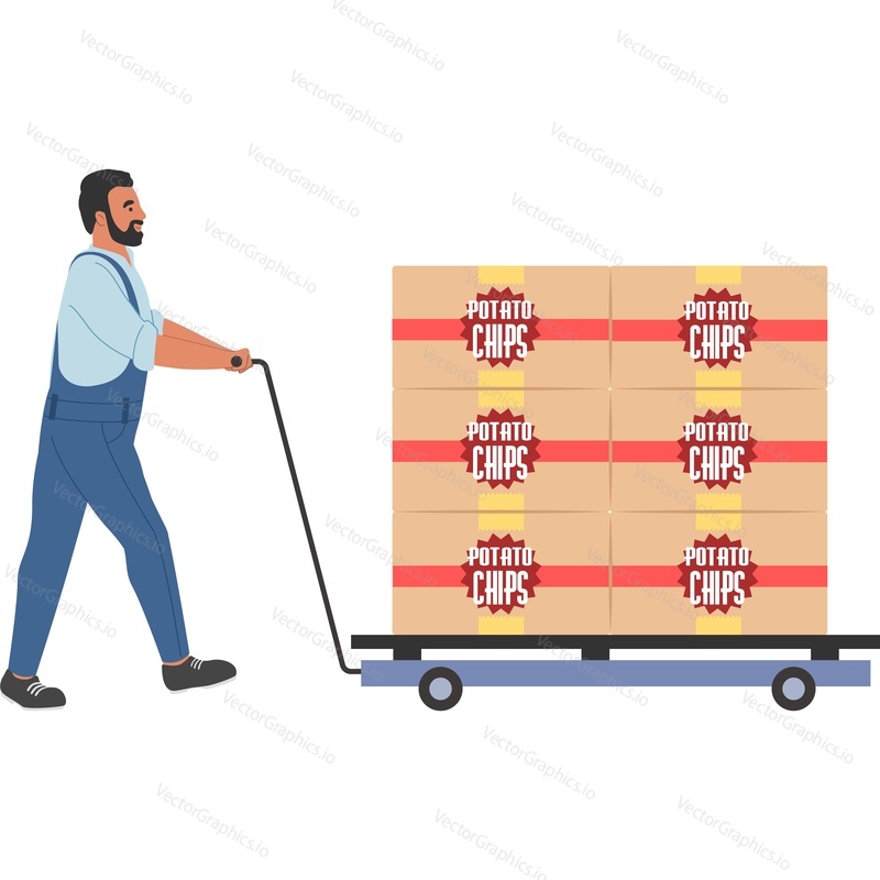 Warehouse worker pushing trolley cart with potato chips snack vector icon isolated on white background
