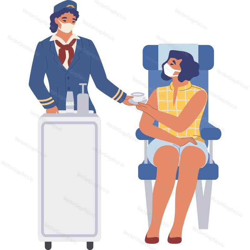 Stewardess and passenger woman in face mask for protection vector icon isolated background. Fight rules concept.