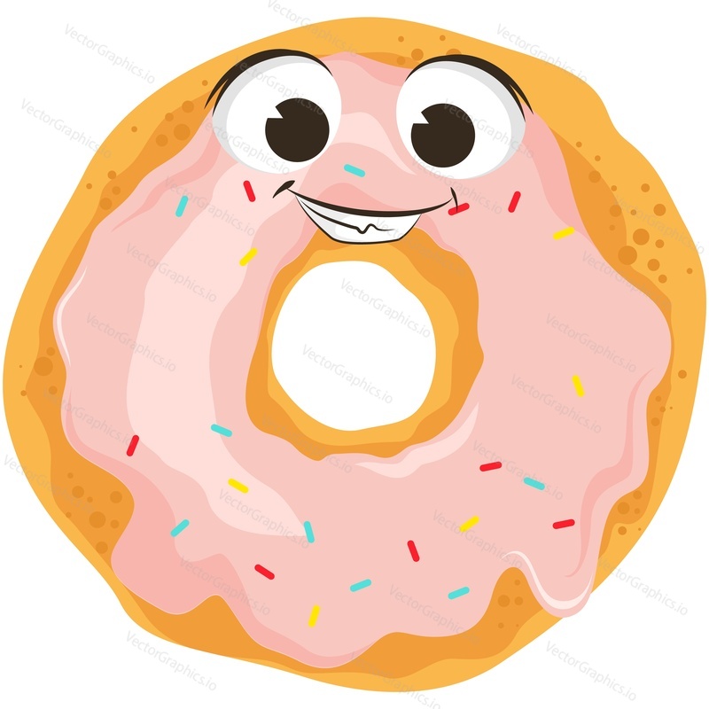 Donut character cartoon happy cute food vector. Funny doughnut with pink sugar icing glaze mascot illustration. Comic face kawaii sweet dessert isolated on white background