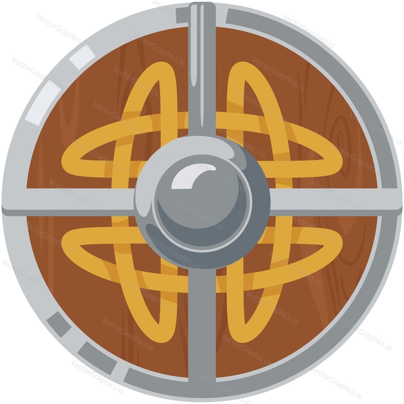 Вектор деревянного щита. Круглые доспехи викингов, выделенные на белом фоне. Кельтский военный защитный щит