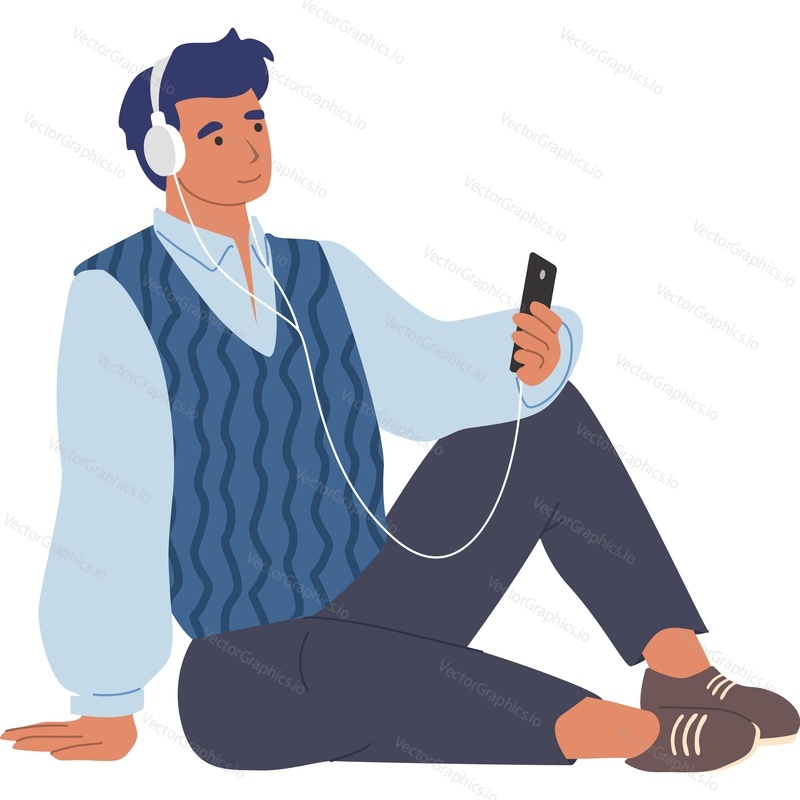 Элегантный стильный мужчина слушает радио-подкаст, используя векторный значок мобильного телефона на изолированном фоне.