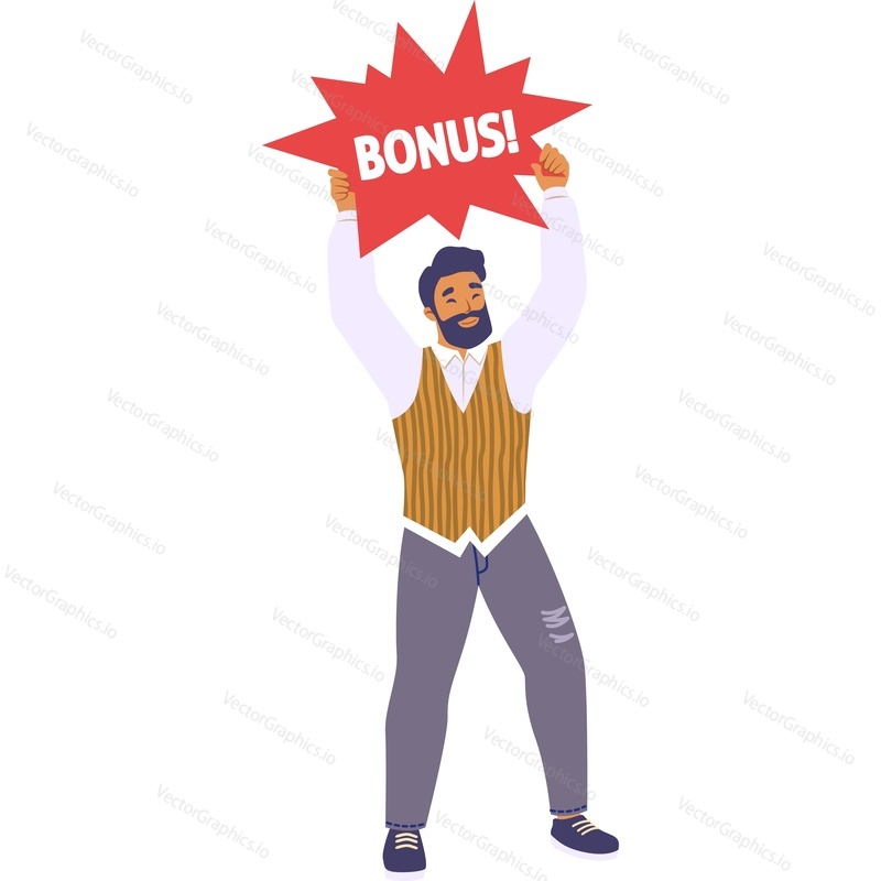 Man attracting clients with bonus poster over head vector icon isolated on white background