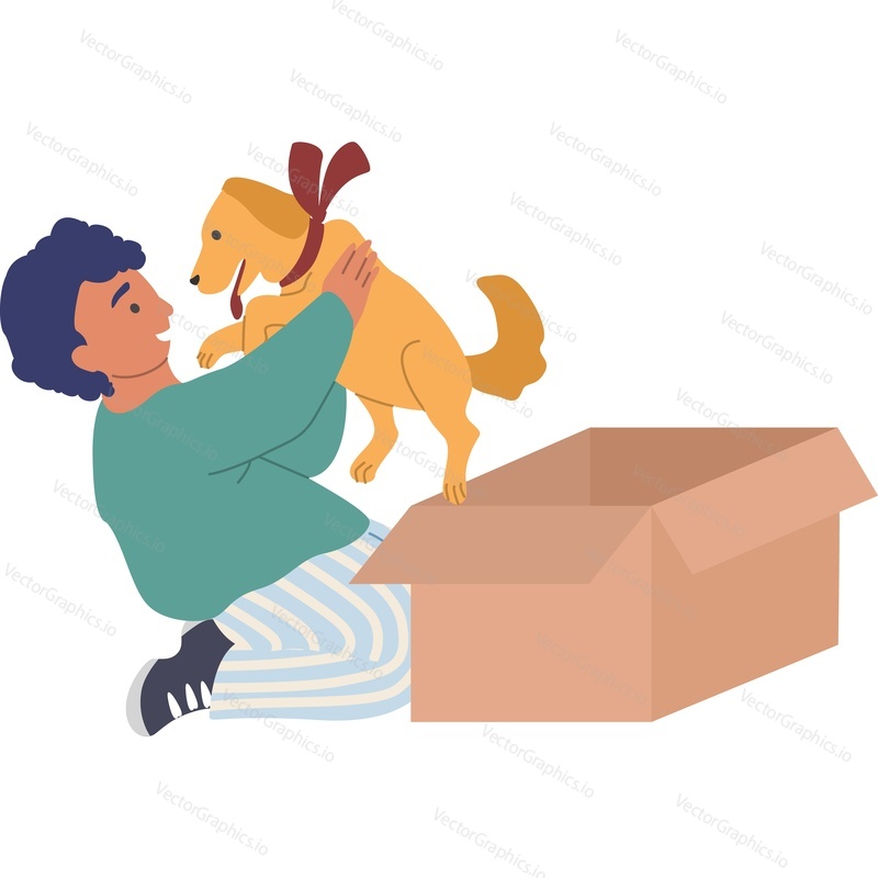 Little boy receiving puppy as gift vector icon isolated background.