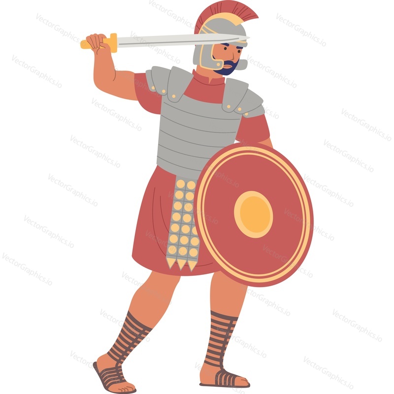 Разъяренный древнеримский воин в униформе с векторным значком оружия на изолированном фоне.