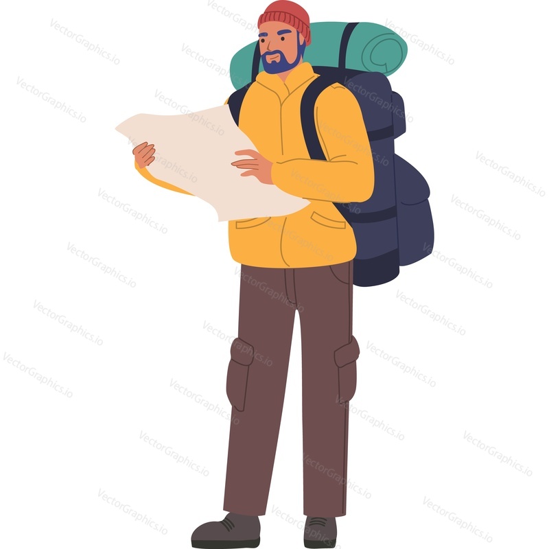 Человек-путешественник с рюкзаком с векторной иконкой бумажной карты, изолированной на белом фоне