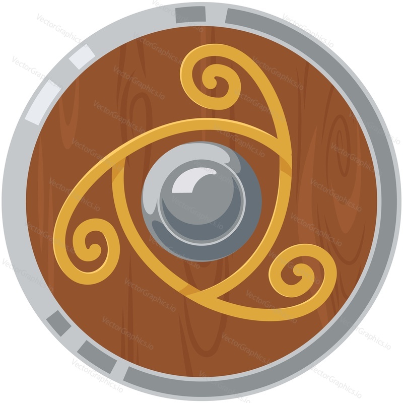 Вектор старого деревянного щита. Круглый элемент доспехов викингов или средневековых рыцарей для украшения, выделенный на белом фоне