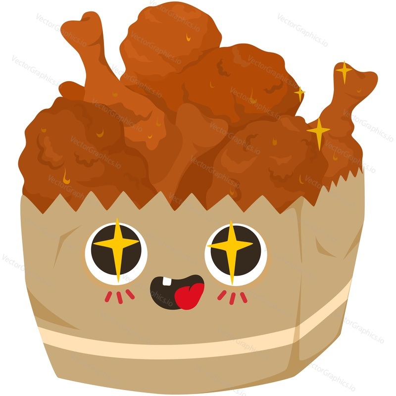 Мультяшный векторный персонаж из коробки с жареными куриными наггетсами. Счастливый талисман закусок быстрого приготовления, изолированный на белом фоне