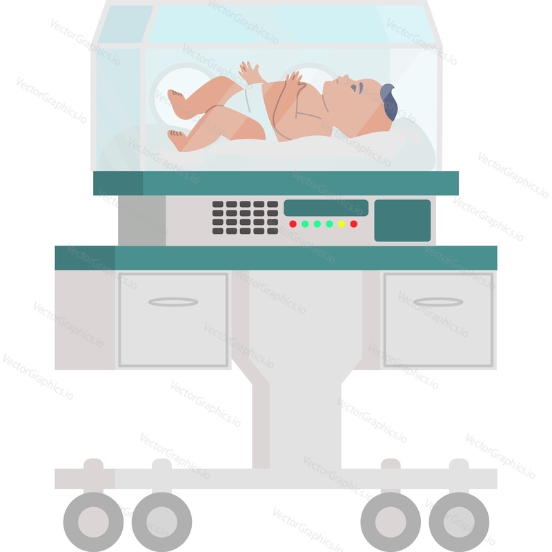 Newborn baby in apparatus of lungs artificial ventilation vector icon isolated on white background