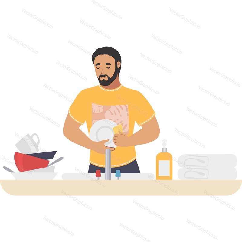 Человек, работающий по дому, моющий посуду векторная иконка, изолированная на белом фоне