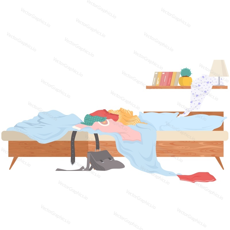 Scattered clothes on bed vector icon isolated on white background